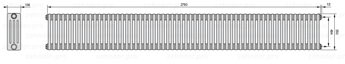 Схема (чертеж) Радиатор Zehnder Charleston 4055/60 №7610 Белый глянцевый RAL 9016